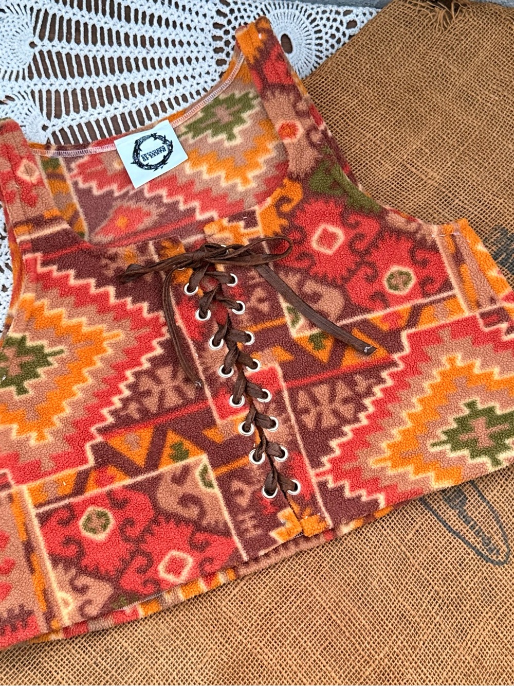 Handmade vintage fabric western lace up top